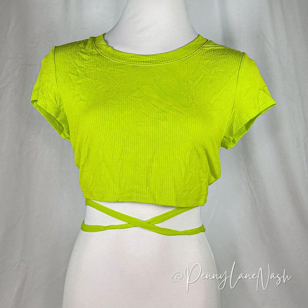 OFFLINE By Aerie Thumbs Up Tie Back Crop T-Shirt Neon Green - Picture 2 of 8